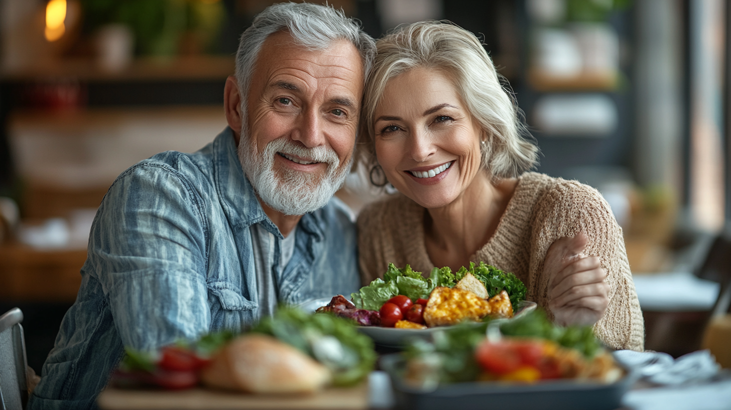 Щаслива пара старшого віку готує здорову їжу на кухні